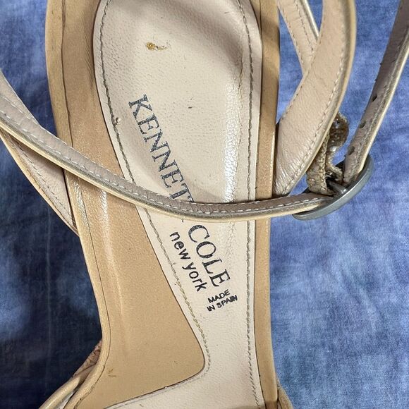 Kenneth Cole Beige Leather Woven Striped Cork Strappy Platform Heels sz 6 1/2 - Picture 7 of 8